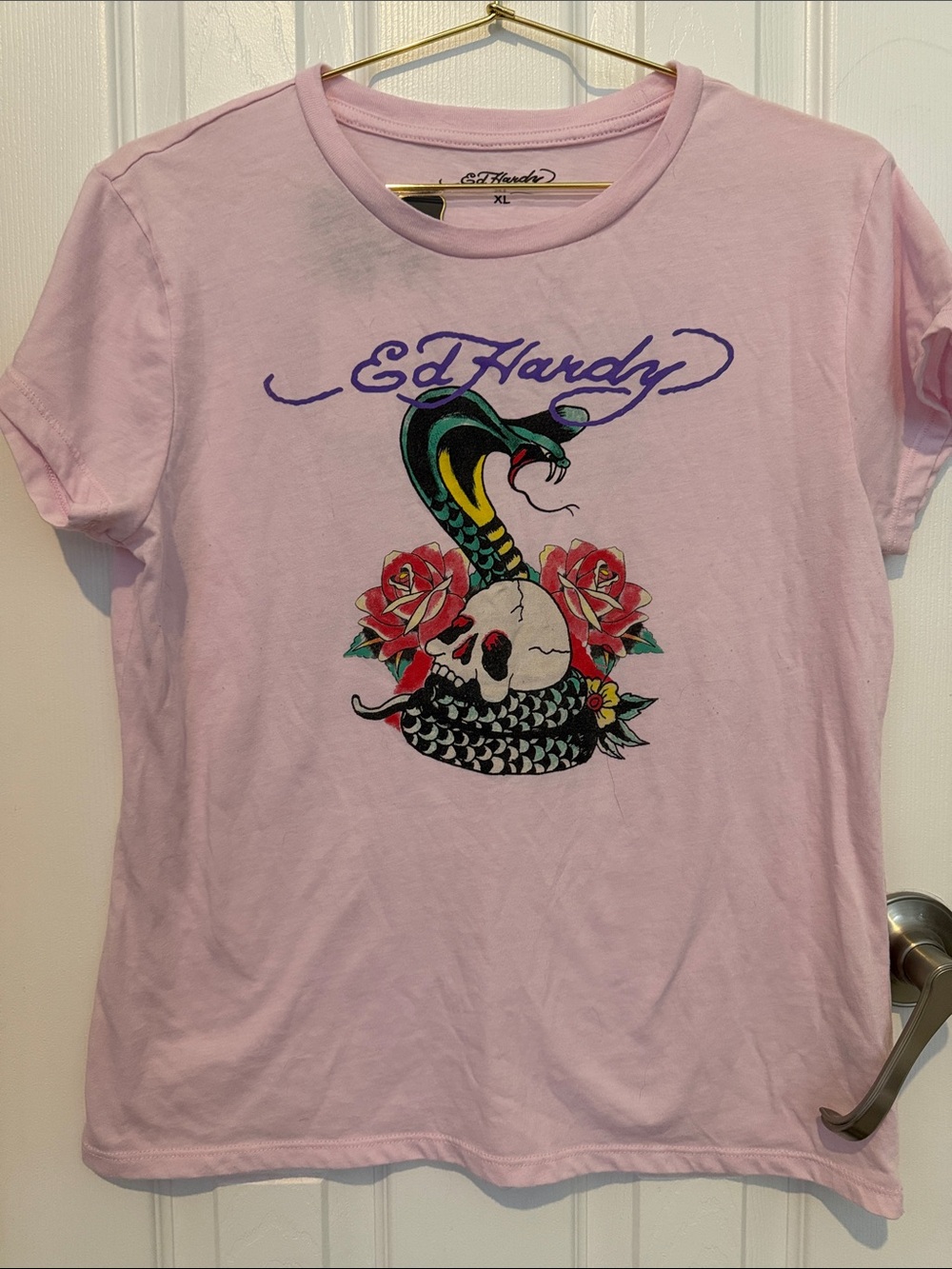 Ed Hardy Light Pink Snake, Skull & Rose Graphic Tee